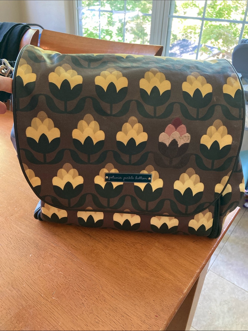 Petunia Pickle Bottom Brown Floral Messenger Diaper Bag with Yellow Tulip Motif